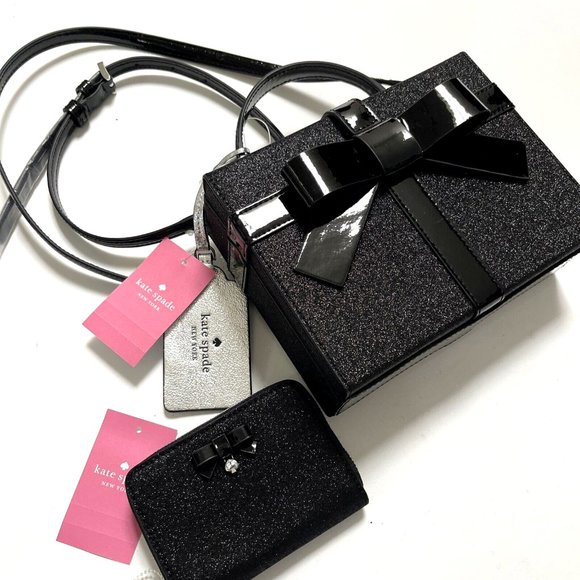 Bundle 2pc Original KATE SPADE Black Glitter Gift Box Top Handle Bag + Wallet